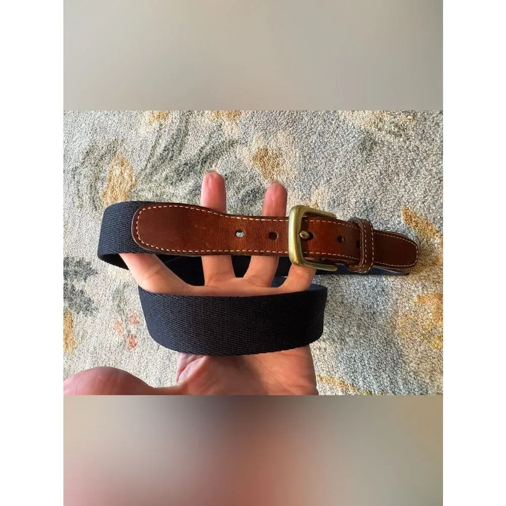 Vintage‎ Lands' End USA Made Black Canvas Belt Leather Solid Brass 38